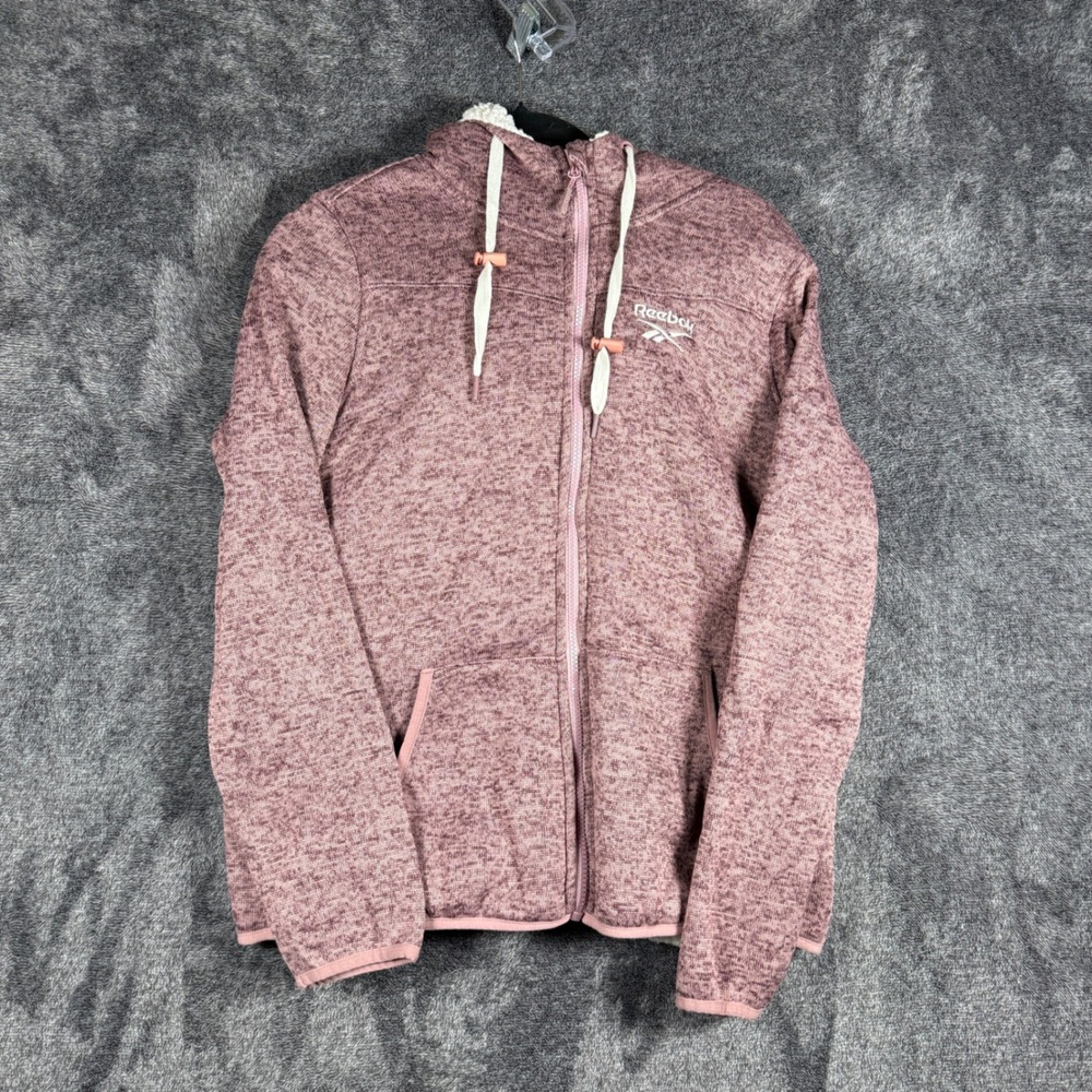 Reebok Womens Sherpa Lined Full Zip Hoodie Mauve Pink Marled Knit Size Large